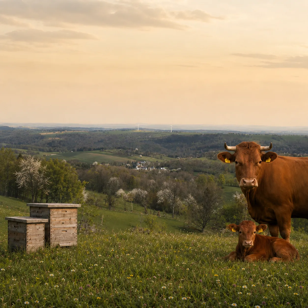 Bergwiese bei Bärenstein mit Harzer Rotem Höhenvieh, Kalb und Bienenkästen